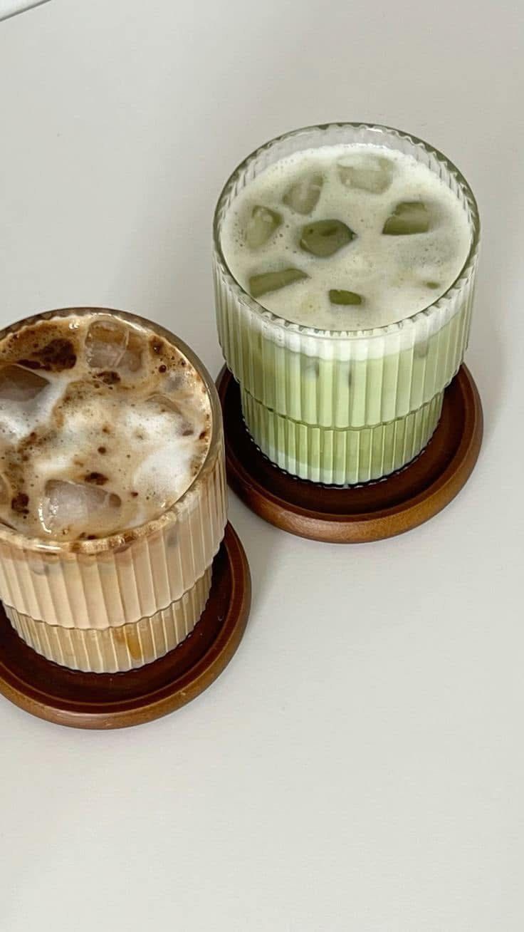 Artisanal matcha lattes in beautiful glassware