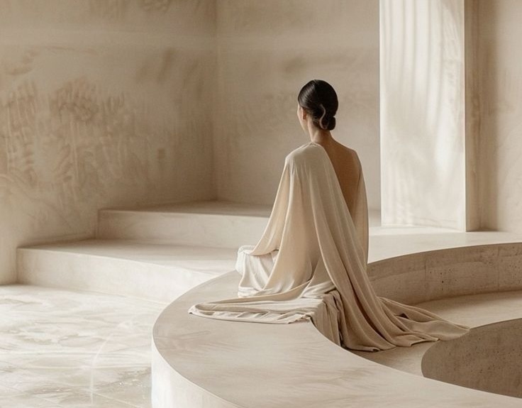 Woman in flowing beige robes sitting in meditation pose in serene stone space