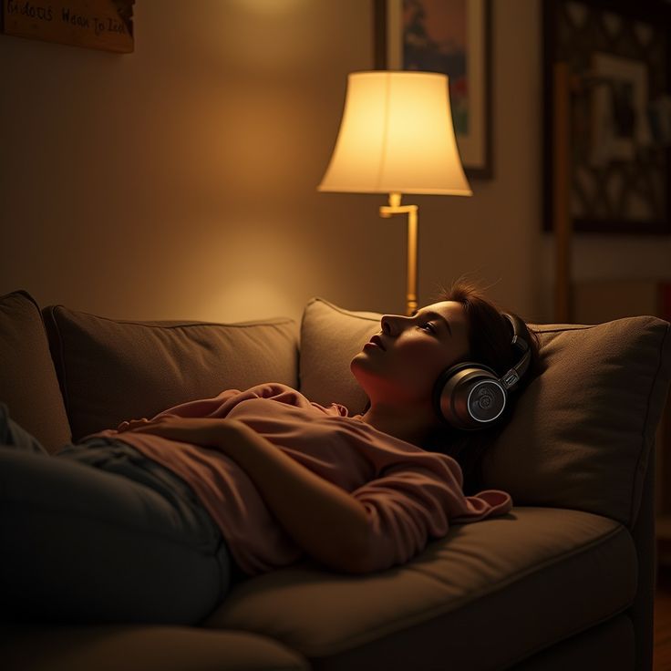Person relaxing peacefully on couch with headphones in warm, cozy indoor setting with soft lamp lighting
